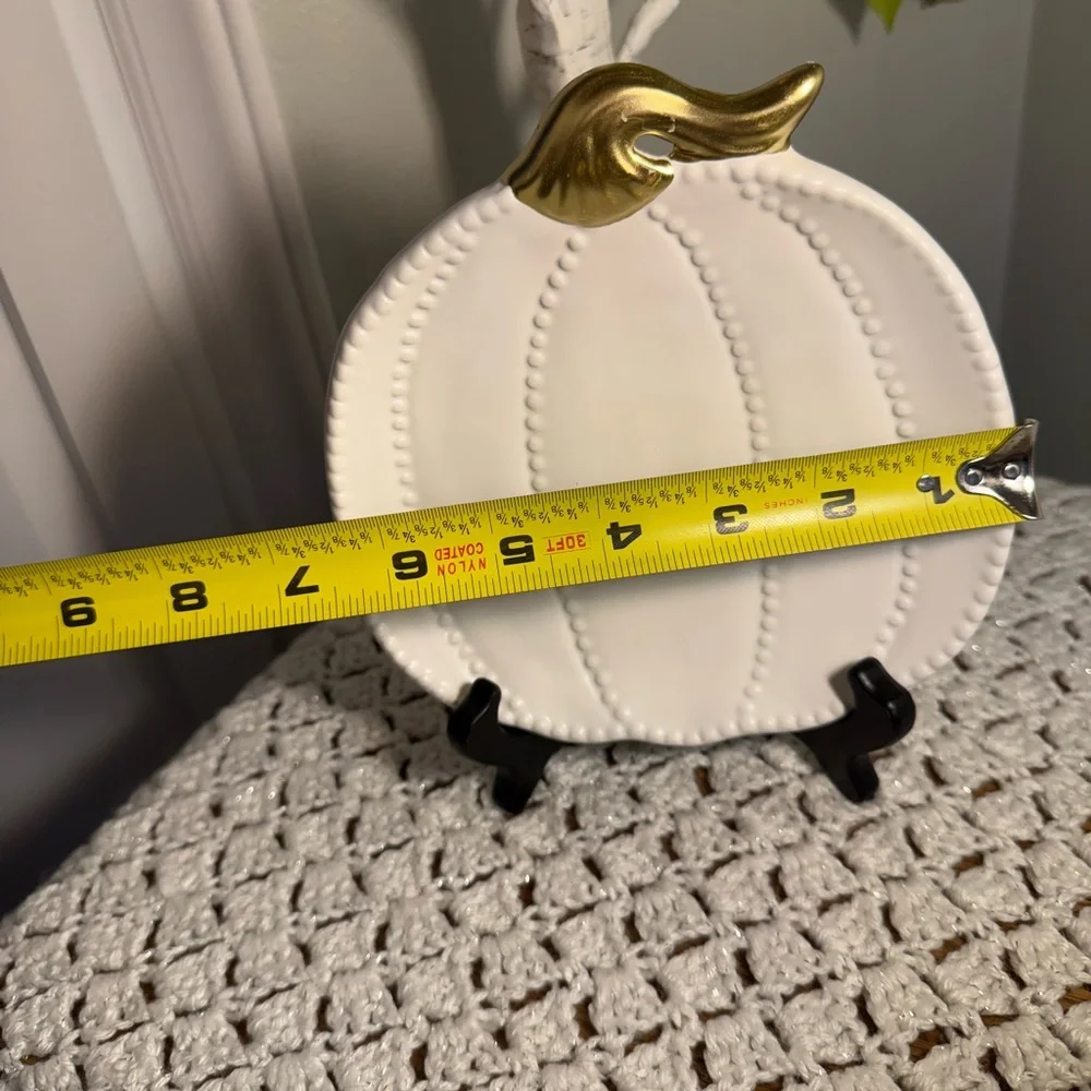 6.5” White Pumpkin Shaped Appetizer Plate with Gold Stem